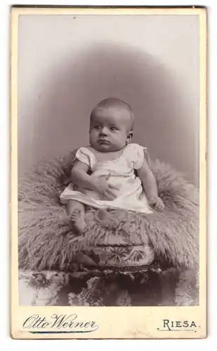 Fotografie Otto Werner, Riesa, Kastanienstr. 81, Süsses Mädchen im weissen Kleid auf einem Fell sitzend