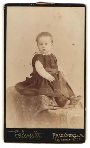 Fotografie Schmidt, Frankfurt /M., Rossmarkt 12, Süsses kleines Mädchen mit fragendem Blick auf einer Decke sitzend