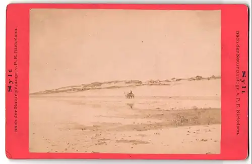 Fotografie P. E. Nickelsen, Sylt, Ansicht Westerland, einsamer Karren bei Ebbe im Wattenmeer vor den Dünen