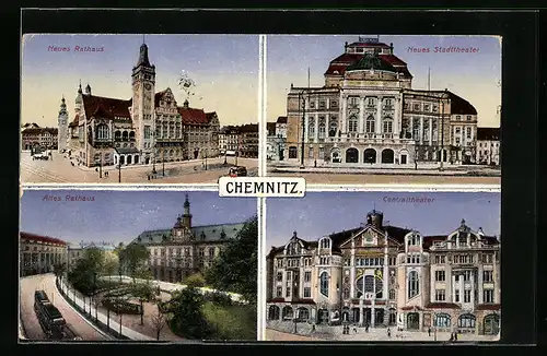 AK Chemnitz, Altes und Neues Rathaus, Neues Stadttheater, Centraltheater