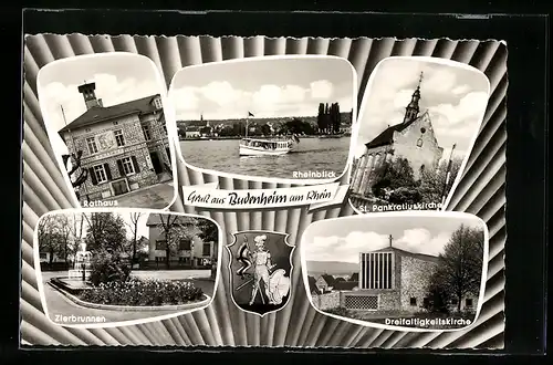 AK Budenheim a. Rhein, Dreifaltigkeitskirche, Rathaus und Zierbrunnen