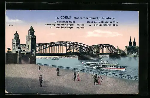 AK Coeln, Die Nordseite der Hohenzollernbrücke, Dampfschiff auf dem Rhein