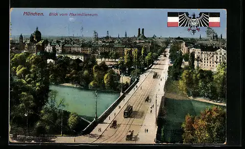 AK München, Teilansicht mit Brücke und Strassenbahn