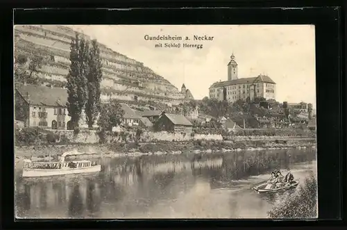 AK Gundelsheim, Blick auf Schloss Hornegg, Dampfer auf dem Neckar