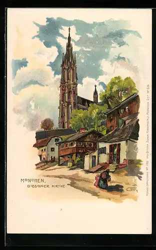 Lithographie München-Giesing, Strassenpartie an der Giesinger Kirche