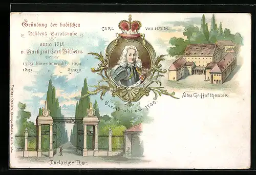 Lithographie Karlsruhe, Durlach Thor, Altes Gr. Hoftheater, Carl Wilhelm