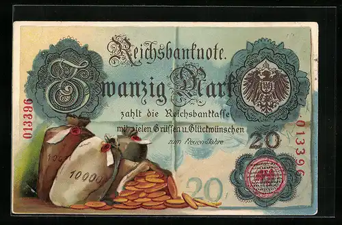 Präge-AK Zwanzig Reichsmark, Geldsäcke und Wappen, Neujahrsgruss