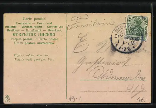 Passepartout-AK Fräulein mit Grusskarte durch zerrissenes Papier eines Geldscheines