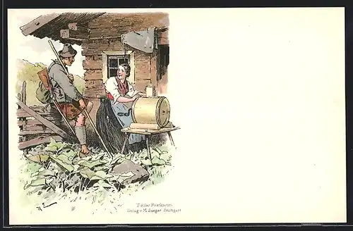 Künstler-AK Tiroler Jäger unterhält sich mit seiner Frau