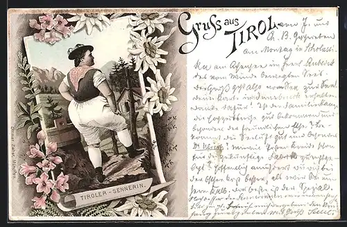 Lithographie Tiroler Sennerin vor Haus in den Bergen