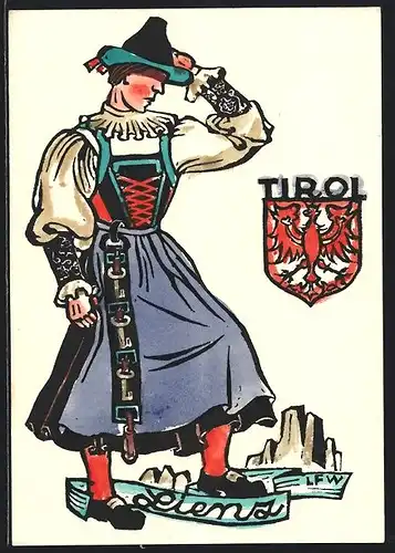 AK Lienz, Tirolerin in Tracht, Tiroler Wappen