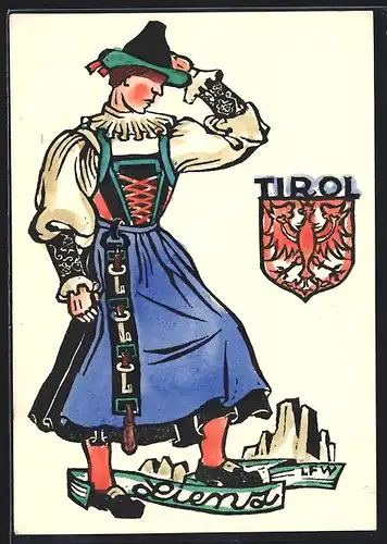 AK Lienz, Tirolerin in Tracht mit Hut, Wappen