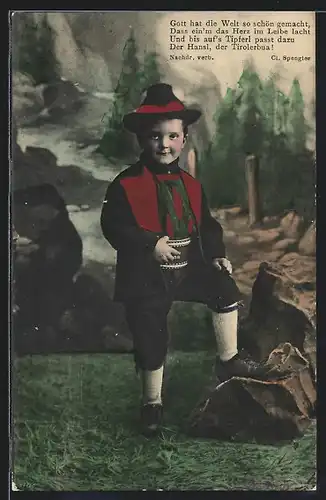 AK Kleiner Tiroler Trachtenbub vor Bachkulissse