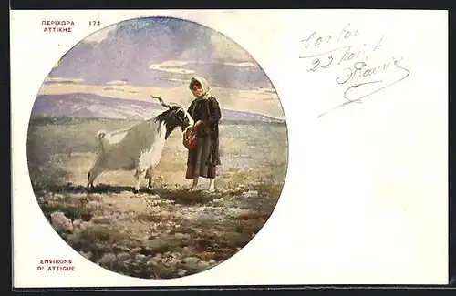 Künstler-AK Attika, Mädchen füttert eine Ziege