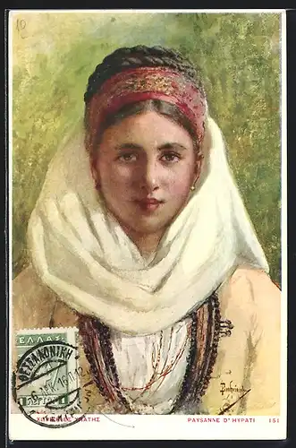 Künstler-AK Paysanne d`Hypati, junge Griechin in Volkstracht