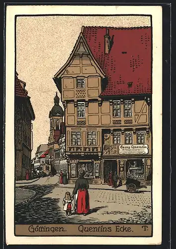 Steindruck-AK Göttingen, Quentins Ecke mit Passanten, Pferdekutsche