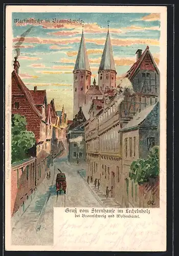 Lithographie Braunschweig, Sternhause im Lechelnholz, Strasse mit Martinikirche