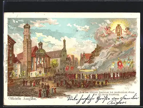 Lithographie Augsburg, Zum 700 jährigen Jubiläum des wunderbaren Gutes bei Hl.-Kreuz