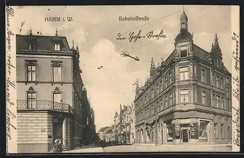 AK Hamm, Bahnhofstrasse mit Geschäften