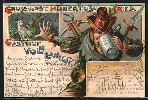 Lithographie Planegg, Gasthof Volm, St. Hubertus Schutzpatron der Jäger trinkt aus grossem Bierkrug