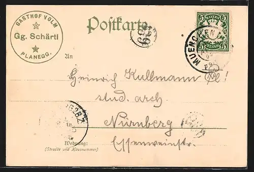 Lithographie Planegg, Gasthof Volm, St. Hubertus Schutzpatron der Jäger trinkt aus grossem Bierkrug