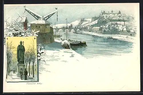 Lithographie Würzburg, Verlag Franz Scheiner, Blick auf Hafen