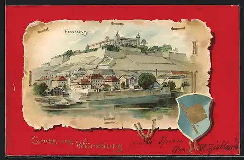 Lithographie Würzburg, Blick auf die Festung