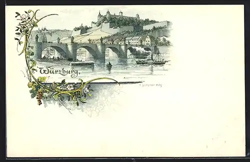 Lithographie Würzburg, Dampfer vor der Stadt