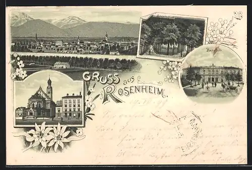 Lithographie Rosenheim, Kirche, Bahnhof, Loretto-Allee und Totalansicht