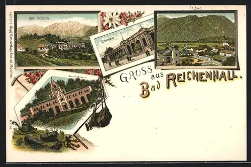 Lithographie Reichenhall, St. Zeno, Colonnade, Brunnenkapelle