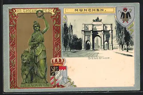 Passepartout-Lithographie München, Am Siegesthor, Bavaria mit Löwen, Wappen