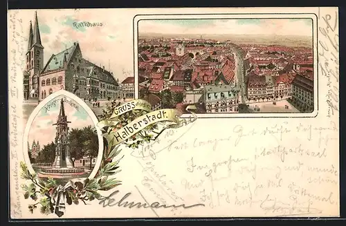Lithographie Halberstadt, Ortsansicht mit Kriegerdenkmal und Rathhaus