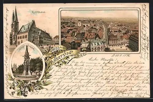 Lithographie Halberstadt, Rathaus, Krieger-Denkmal, Ortsansicht