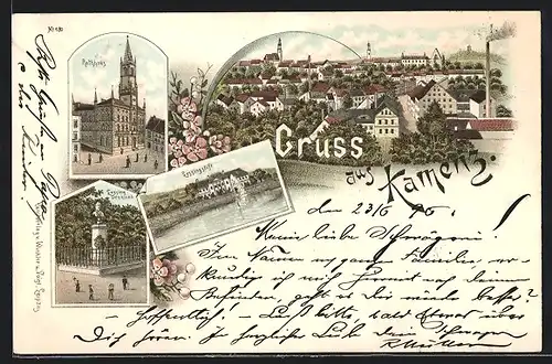 Lithographie Kamenz, Panoramaansicht, Rathaus, Lessingstift