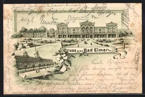 Lithographie Bad Elmen, Gradirwerk, Kurhaus