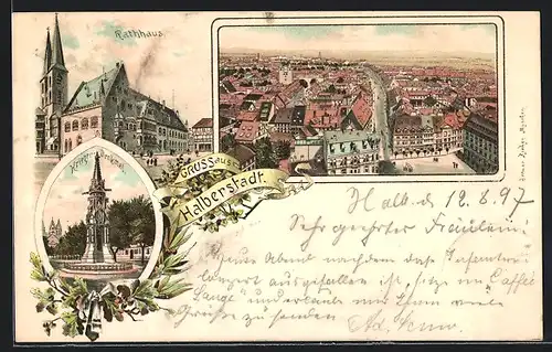 Lithographie Halberstadt, Ortsansicht mit Kriegerdenkmal und Rathhaus