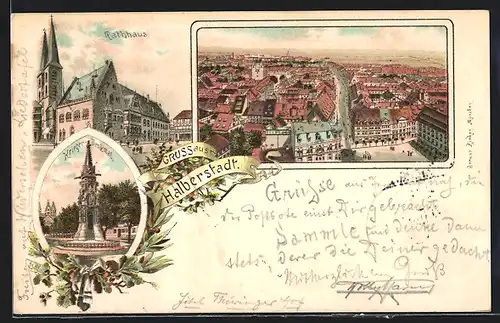 Lithographie Halberstadt, Ortsansicht mit Kriegerdenkmal und Rathhaus