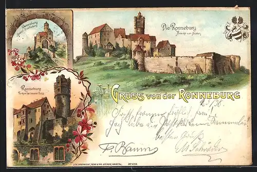 Lithographie Ronneburg, Burganlage von Süden, Partie der inneren Burg, Wappen