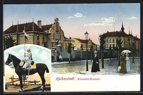 AK Halberstadt, Kürassier-Kaserne, Soldat mit Pickelhaube zu Pferde