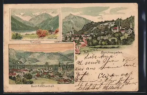 Lithographie Berchtesgaden, Ortsansicht, Thumsee
