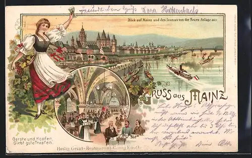 Lithographie Mainz, Heilig Geist-Restaurant Wilhelm Bremser, Dame in Tracht