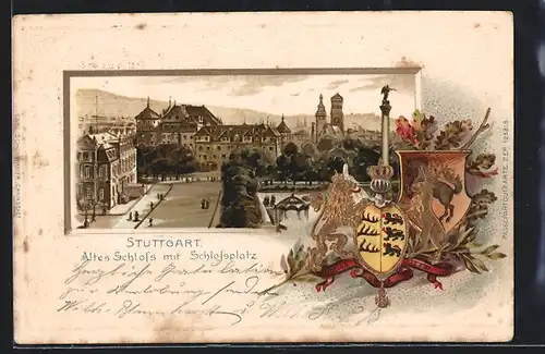 Passepartout-Lithographie Stuttgart, Altes Schloss mit Schlossplatz & Wappen