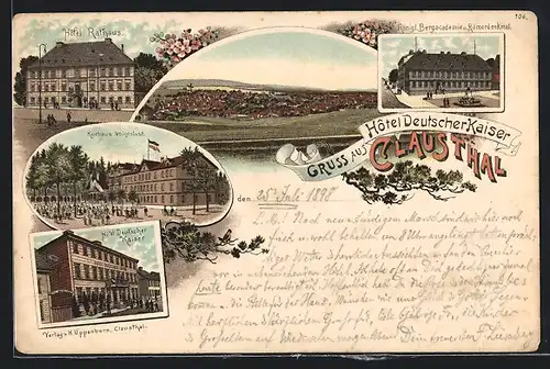 Lithographie Clausthal, Hotel Rathaus, Königl. Bergakademie & Römerdenkmal