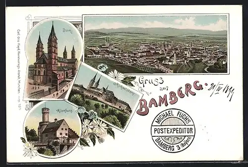 Lithographie Bamberg, Totalansicht, Dom, Michelsberg