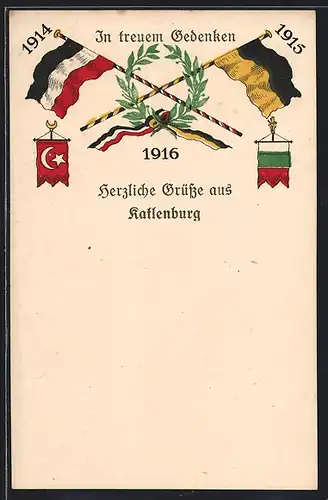 AK Katlenburg, in treuem Gedenken 1916, Flaggen Türkei und Deutsches Reich