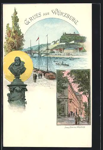 Lithographie Würzburg, Blick auf den Main und Festung Marienberg, Siebold-Denkmal