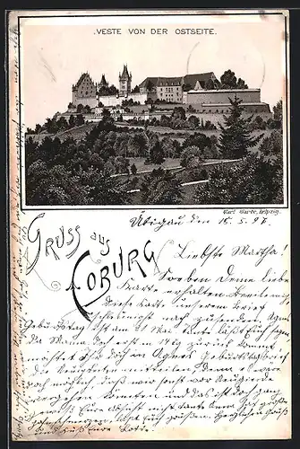 Lithographie Coburg, Ansicht der Veste von Osten