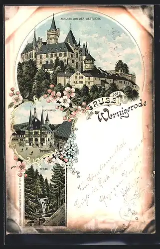 Lithographie Wernigerode, Rathaus, Schloss von der Westseite, Renne