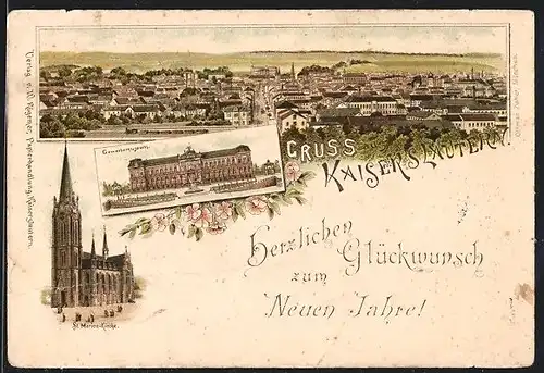 Vorläufer-Lithographie Kaiserslautern, 1892, Gewerbemuseum, Gesamtansicht, St. Marien-Kirche