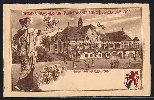 Lithographie Düsseldorf, Industrie-, Gewerbe- und Kunstausstellung 1902, Haupt-Weinrestaurant, Wappen